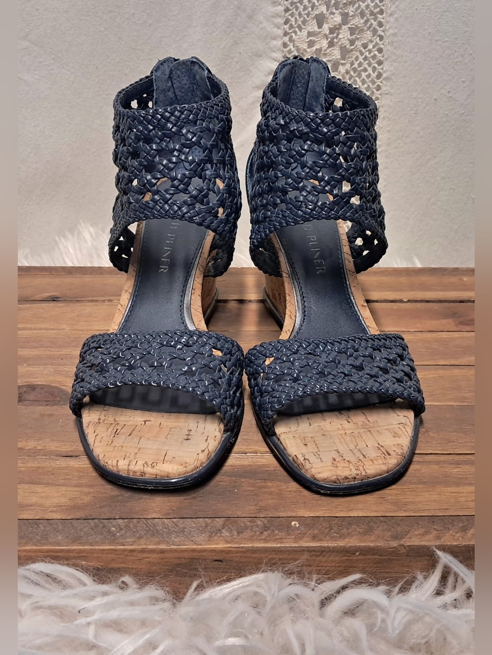 Donald J. Pliner Navy Woven Cork Wedge Sandals Size 7.5 - Picture 5 of 8